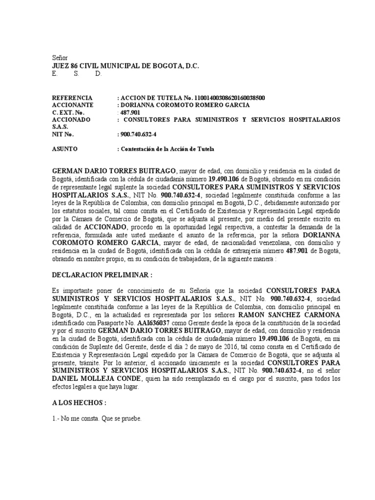 Modelo Contestacion Tutela JZ Civil Municipal Bogota (2020) | PDF ...