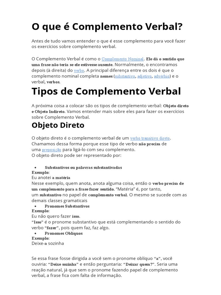 O Verbo e Seus Complementos | PDF | Objeto (gramática) | Unidades ...