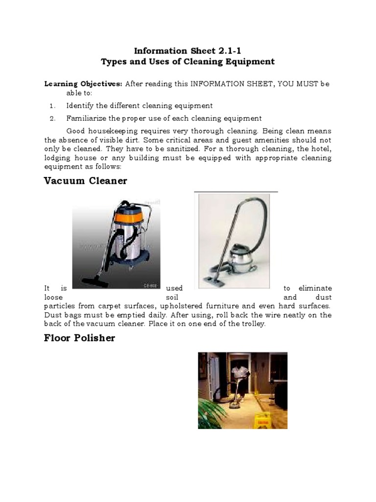 Vacuum Cleaner Information Sheet 2.11 Types and Uses of Cleaning