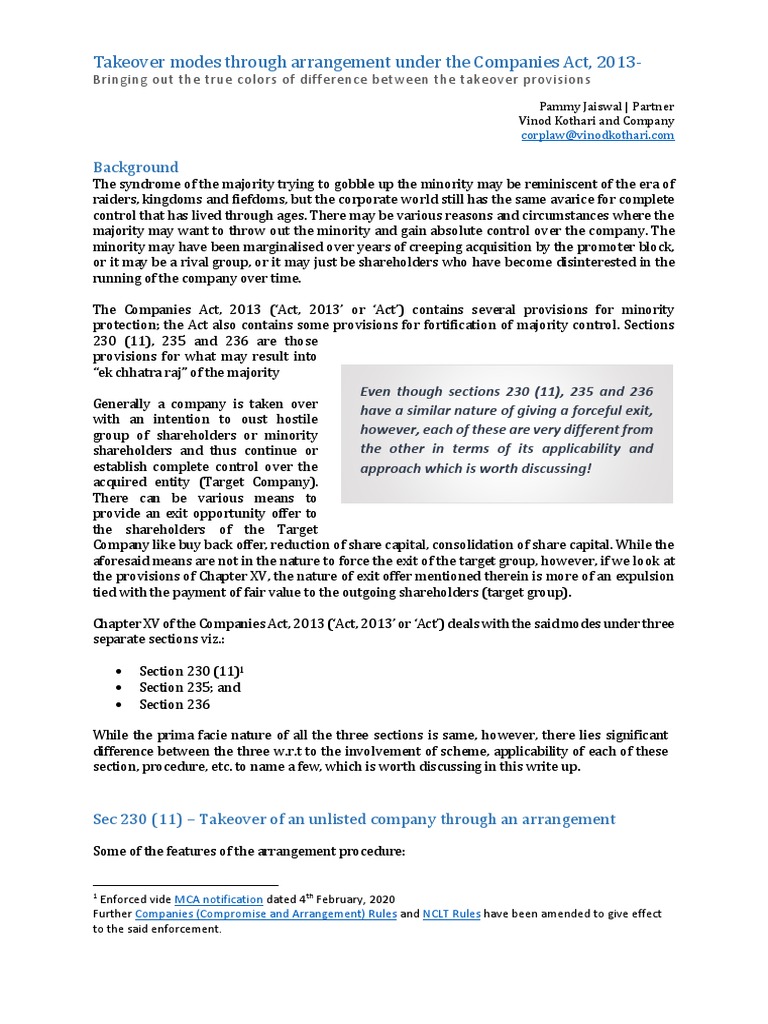 Takeover Modes Through Arrangement Under The Companies Act, 2013 PDF