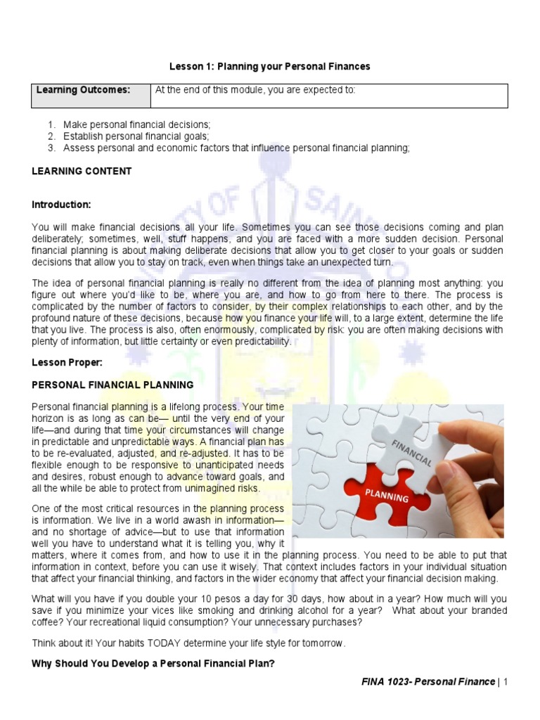 Personal Finance Topic 1 PDF Financial Plan Goal