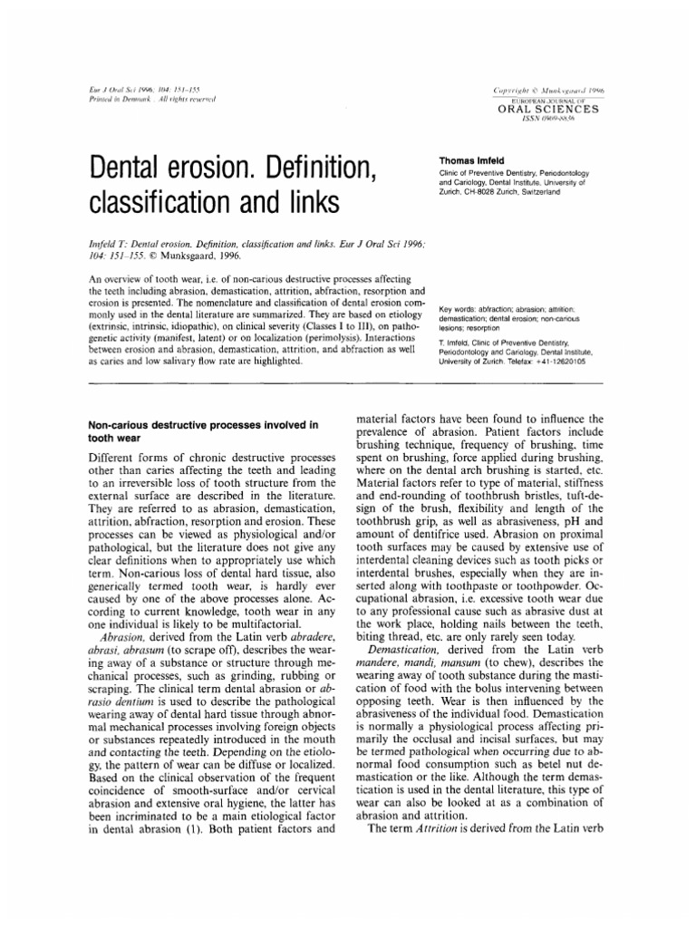 Dental Erosion. Definition, Classification and Links PDF Dentistry
