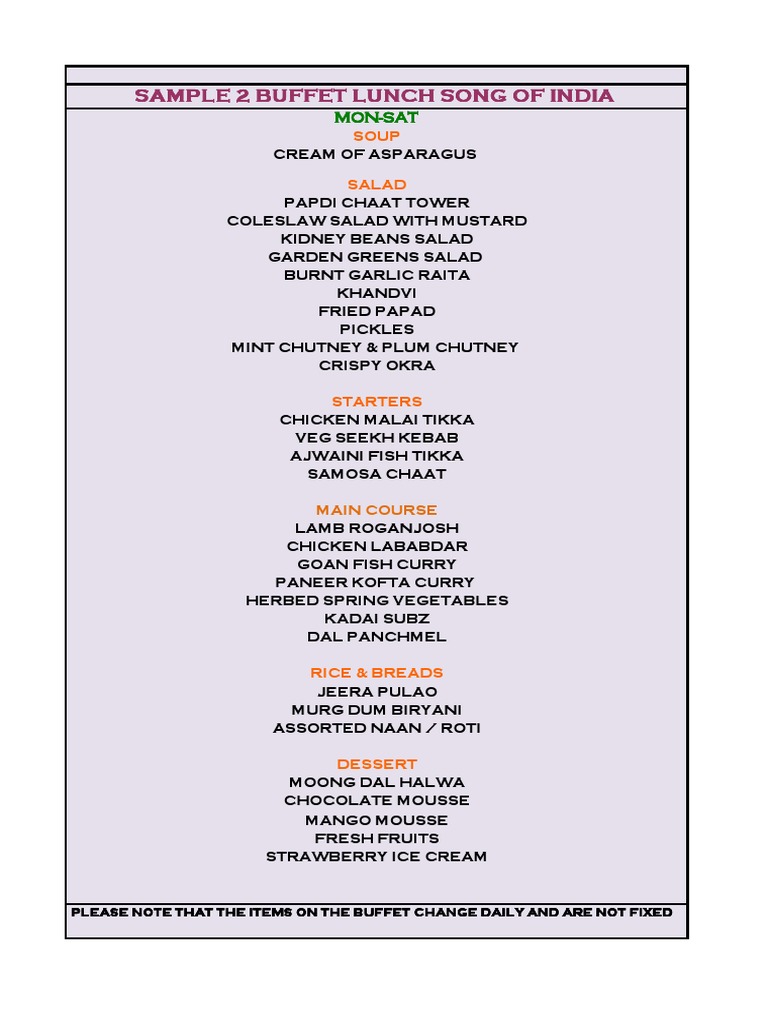 Indian Buffet Lunch Menu Sample | PDF