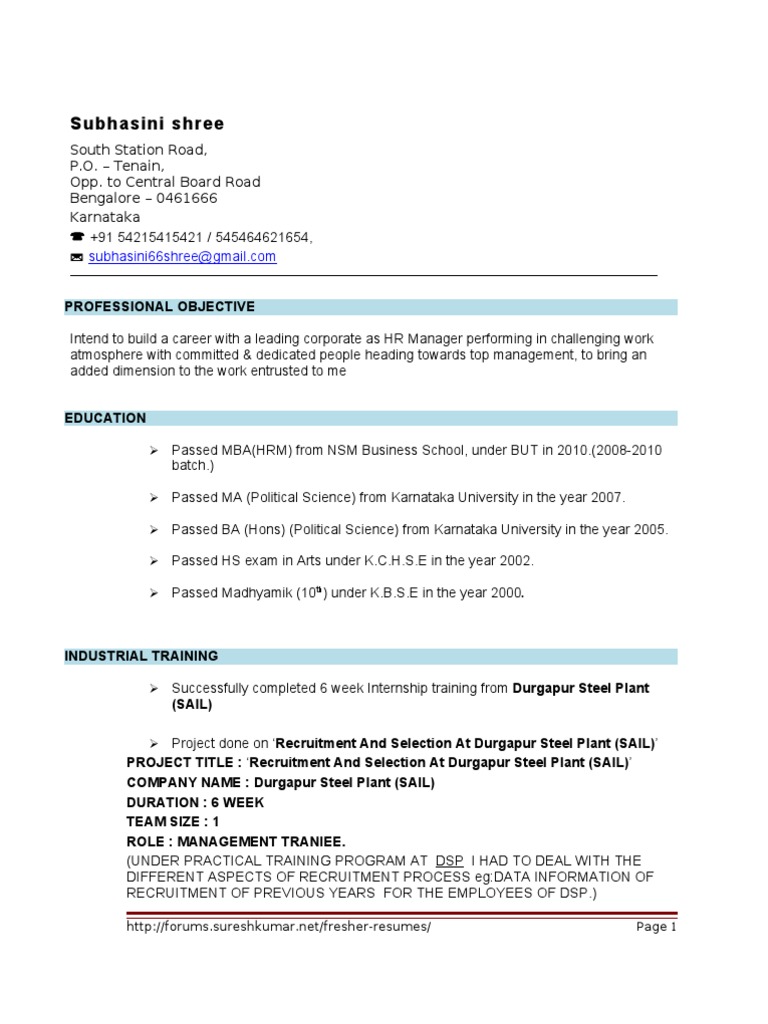 resume format for freshers sample