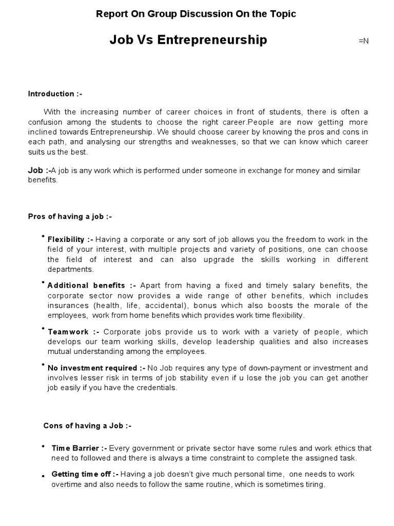 Comparing the Pros and Cons of Jobs versus Entrepreneurship: An ...