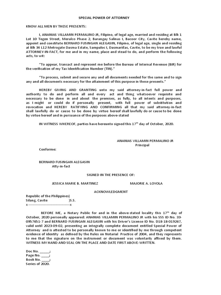 SPECIAL POWER OF ATTORNEY - TIN Verification | PDF | Power Of Attorney ...