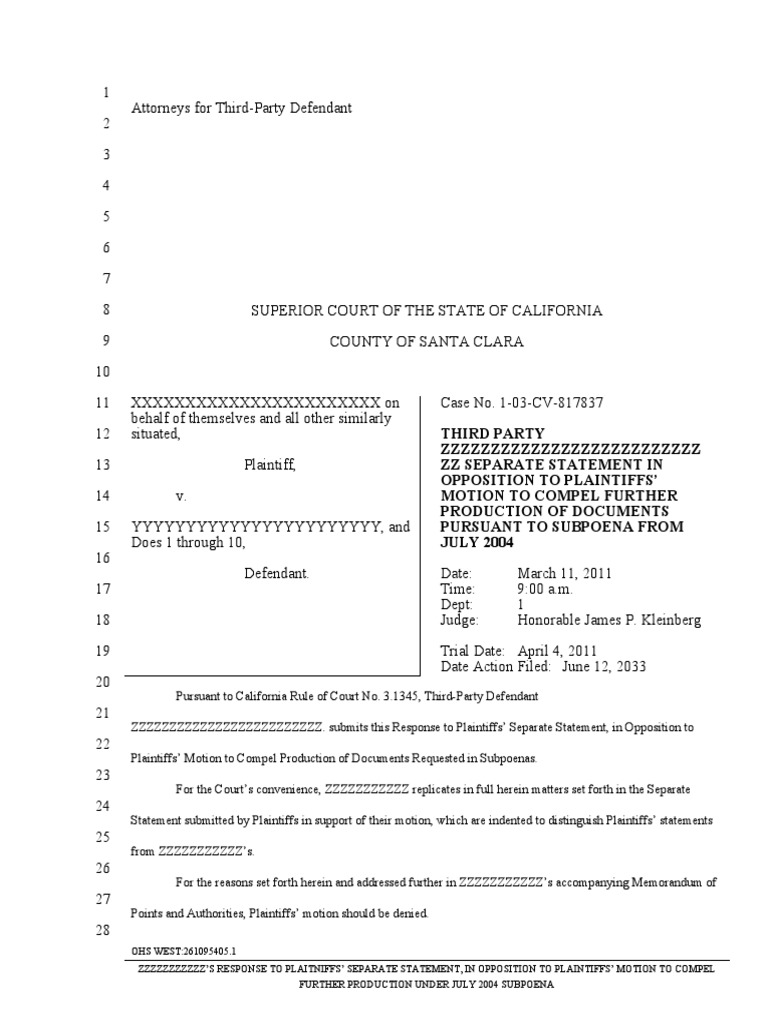 Opposition to Motion to Compel Documents | PDF | Deposition (Law ...