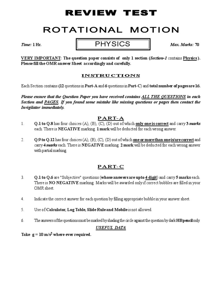 Review Test Rotational Motion Physics PDF Rotation Around A Fixed