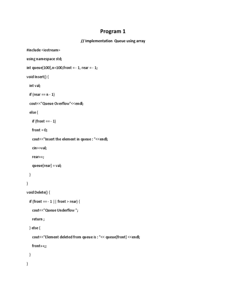 Implementation of Queue Using Array | PDF image.