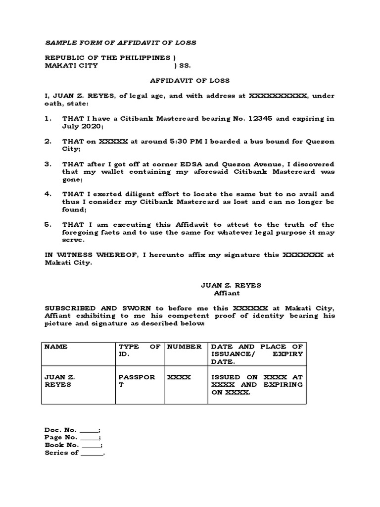Affidavit of Loss for Mastercard | PDF