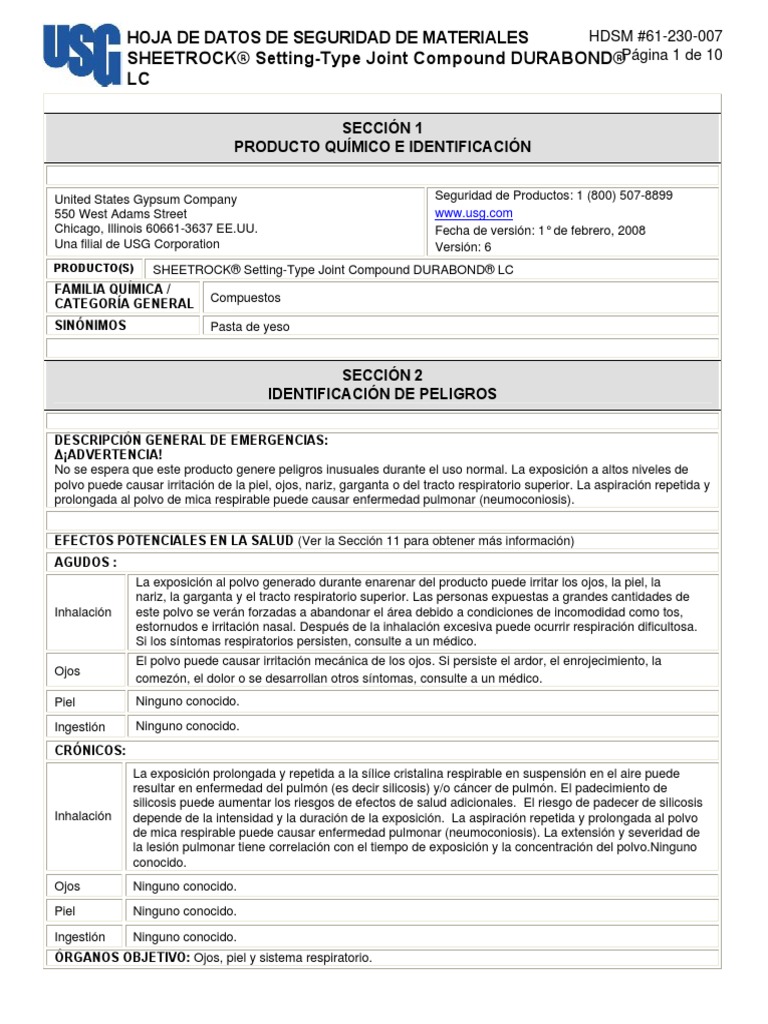 Sheetrock Durabond LC Joint Compound Msds Es 61230007 PDF Cloruro de polivinilo Cáncer