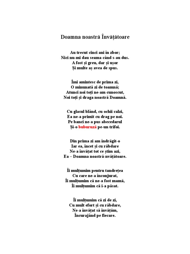 Poezii Pentru Doamna învățătoare Poezie Doamna Invatatoare | PDF