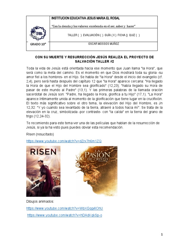 Muerte y Resurrección de Jesús: Taller 10° | PDF | La resurrección de ...
