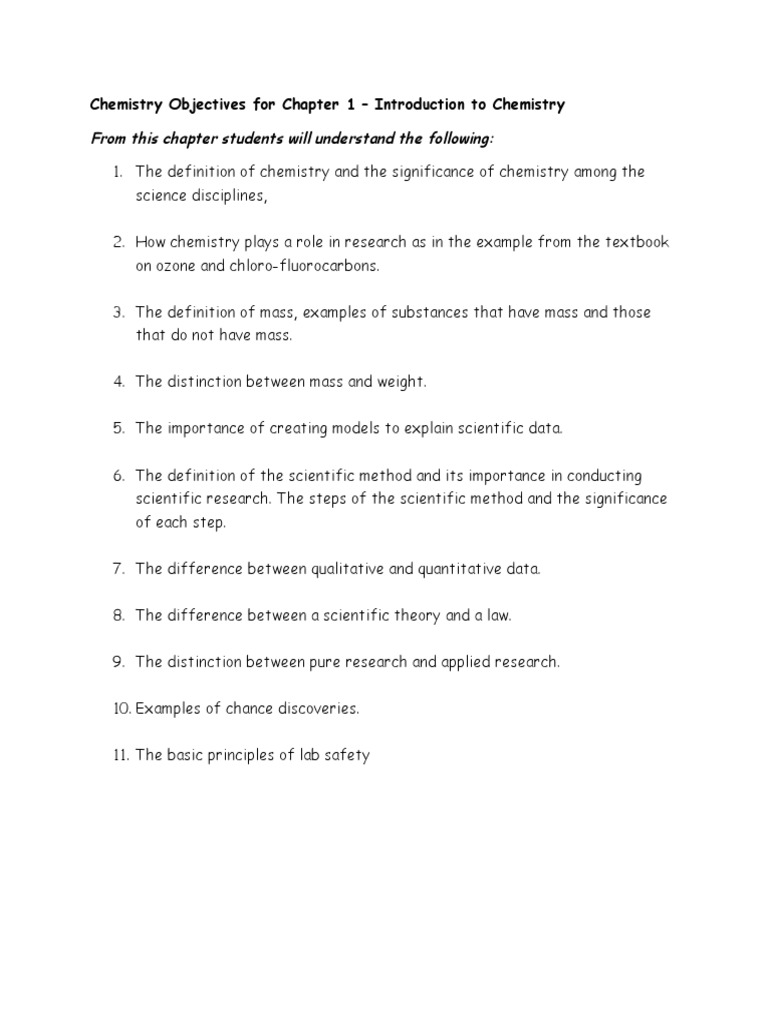 Chemistry Objectives For Chapter 1 - Introduction To Chemistry | PDF