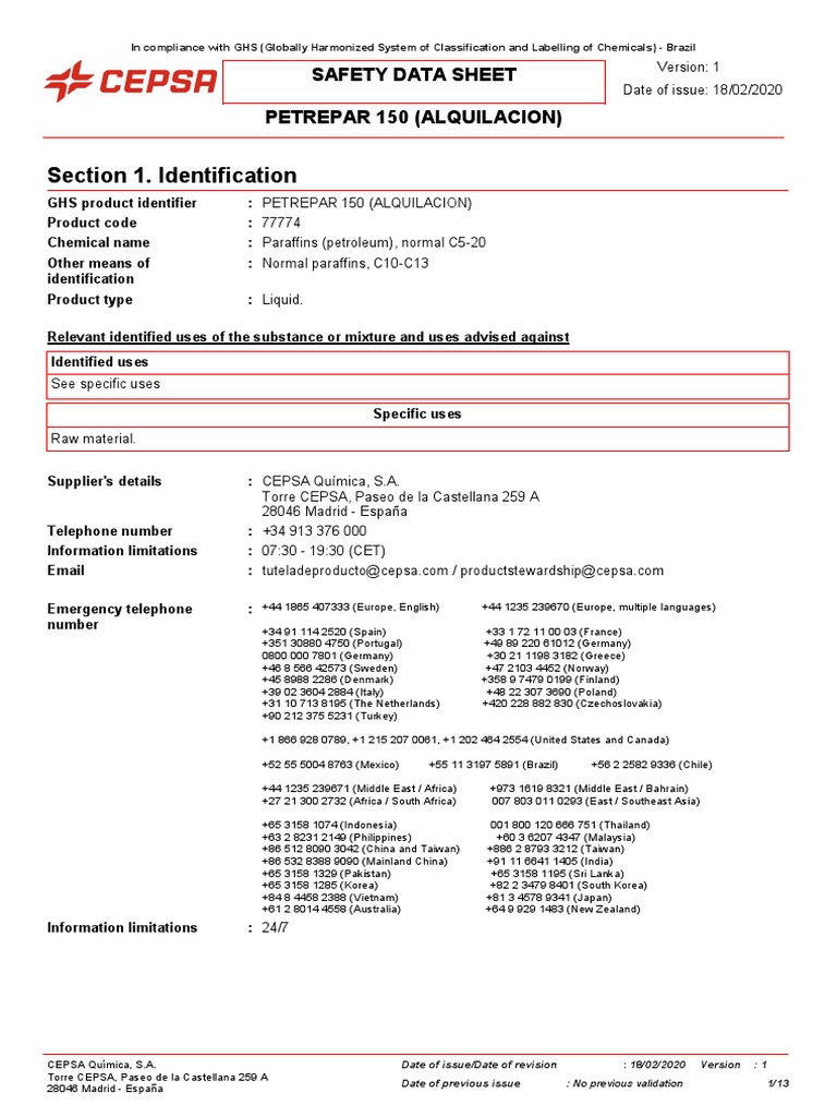 Section 1. Identification: Safety Data Sheet Petrepar 150