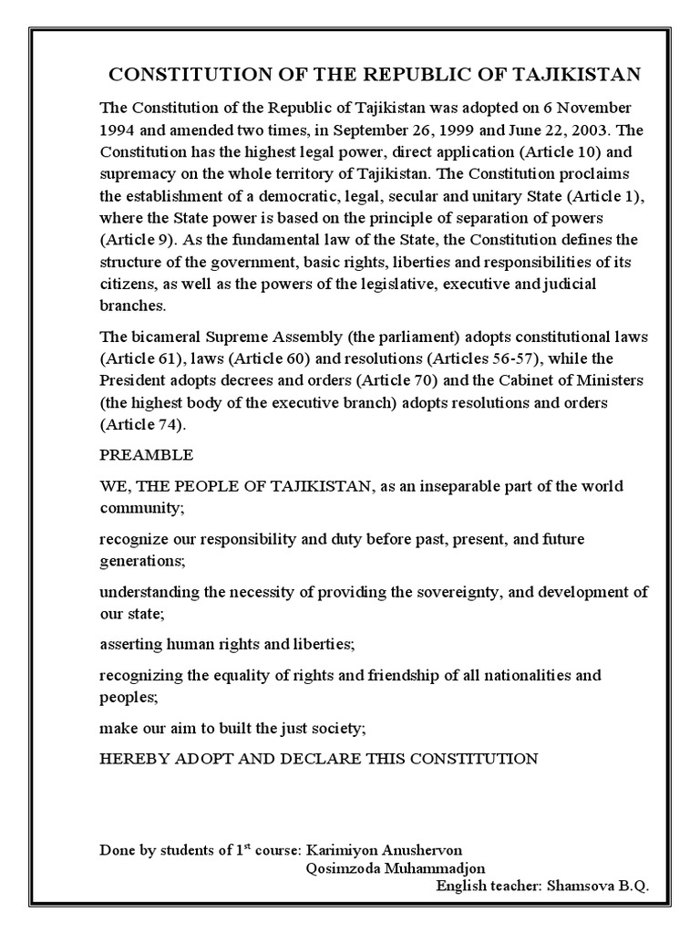 Constitution of The Republic of Tajikistan PDF