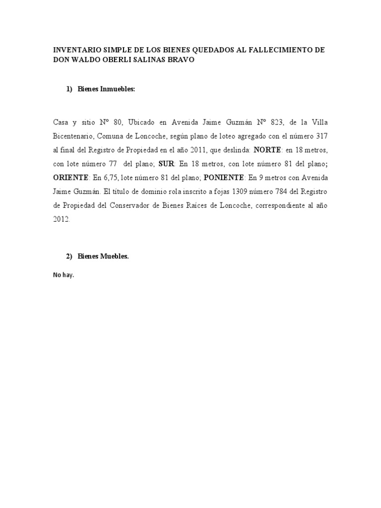 Inventario de Bienes de Waldo Oberli | PDF