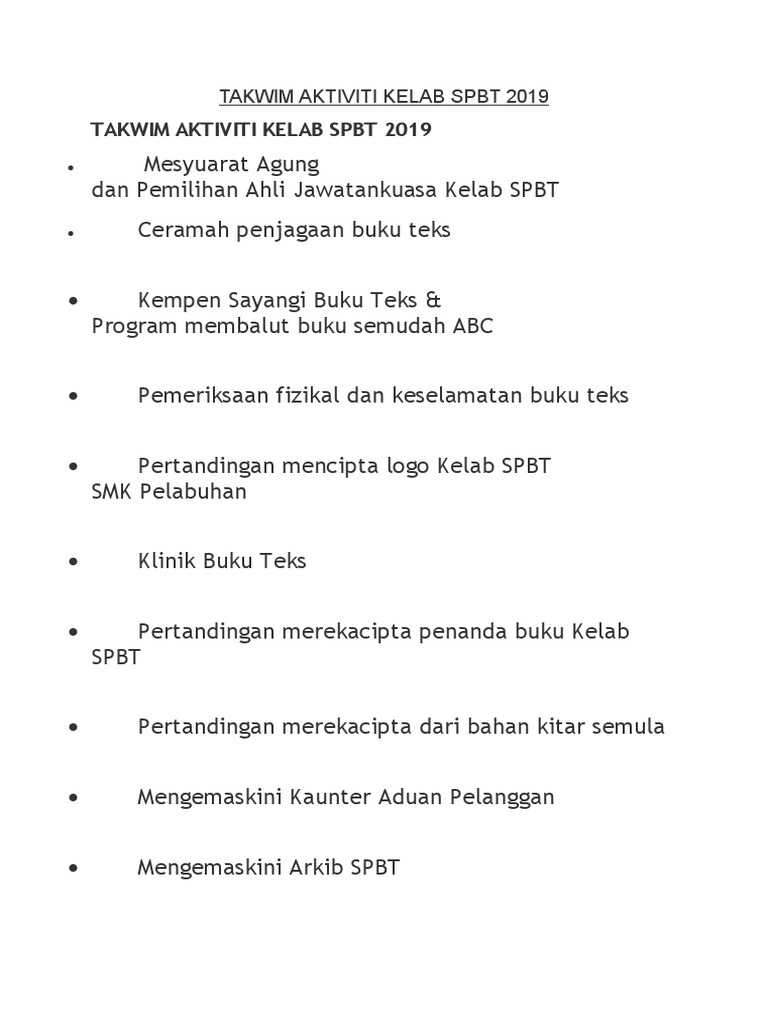Takwim Aktiviti Kelab Spbt 2019 Pdf