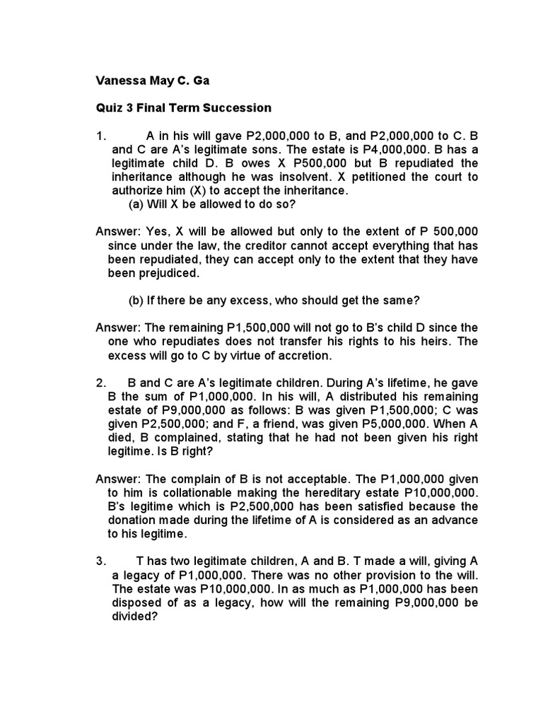 Ga Vanessa May Quiz 3 Final Term Pdf Will And Testament Kinship And Descent
