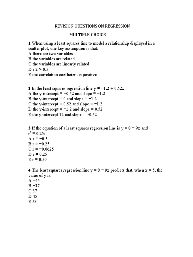 Revision Questions On Regression Least Squares Regression Analysis