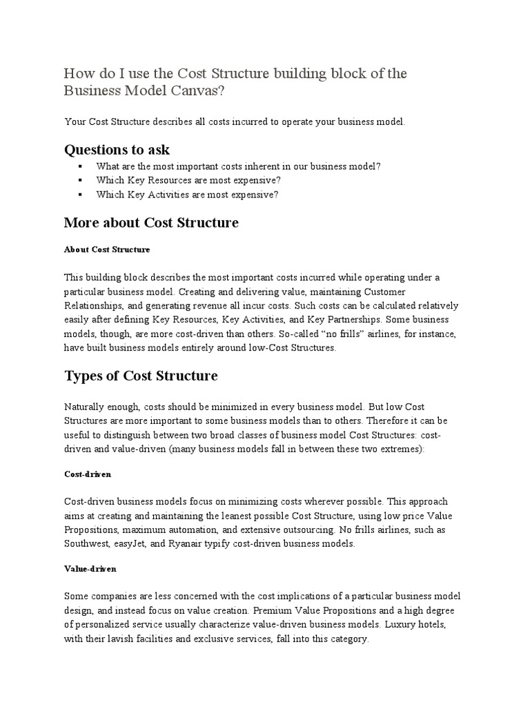 How Do I Use The Cost Structure Building Block of The Business Model