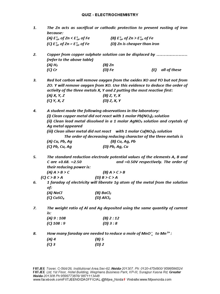 Quiz Electrochemistry o OP o OP o OP o OP o OP o OP PDF Electrochemistry Metals