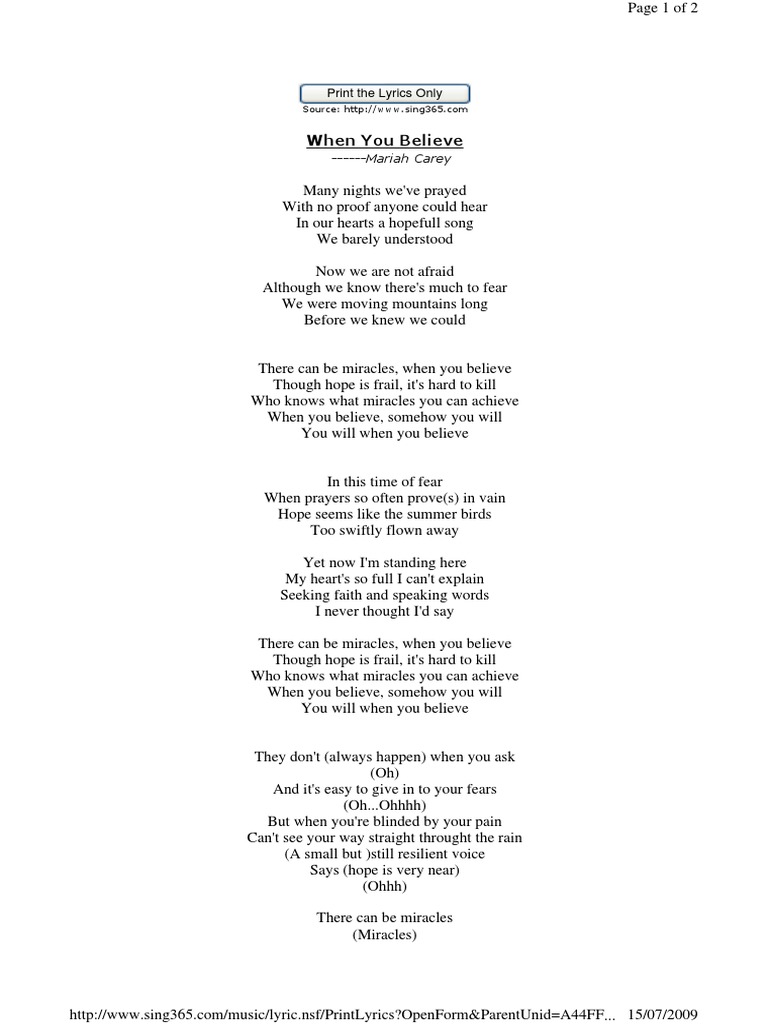 The Lyrics to Mariah Carey's Song 'When You Believe' | PDF | Miracle