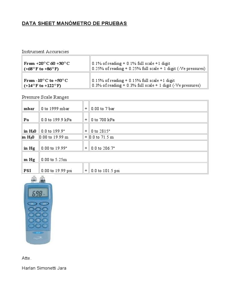 Test Manometer Data Sheet | PDF | Technology & Engineering