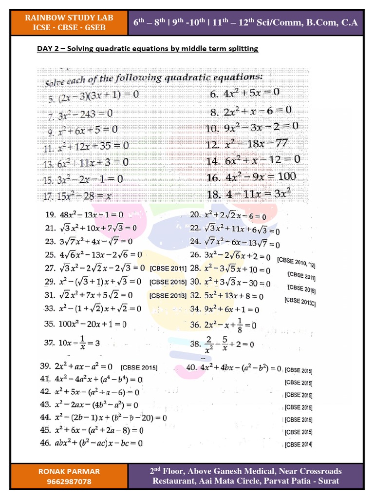 Day 2 solving quadratic equations by middle term splitting pdf