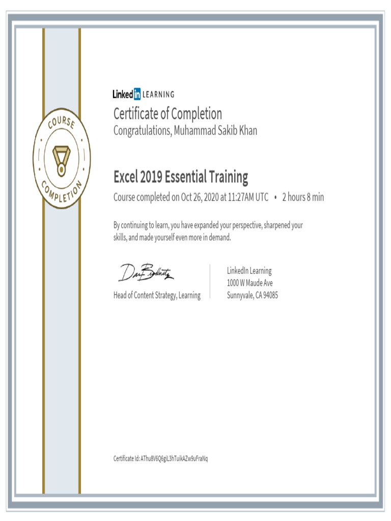 Excel 2019 Training Completion Certificate | PDF | Career & Growth ...