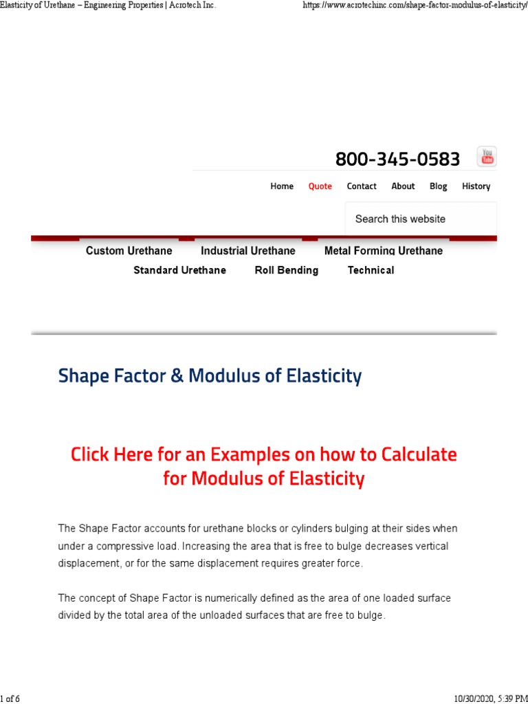 Shape Factor & Modulus of Elasticity Urethane Rubber | PDF | Young's ...