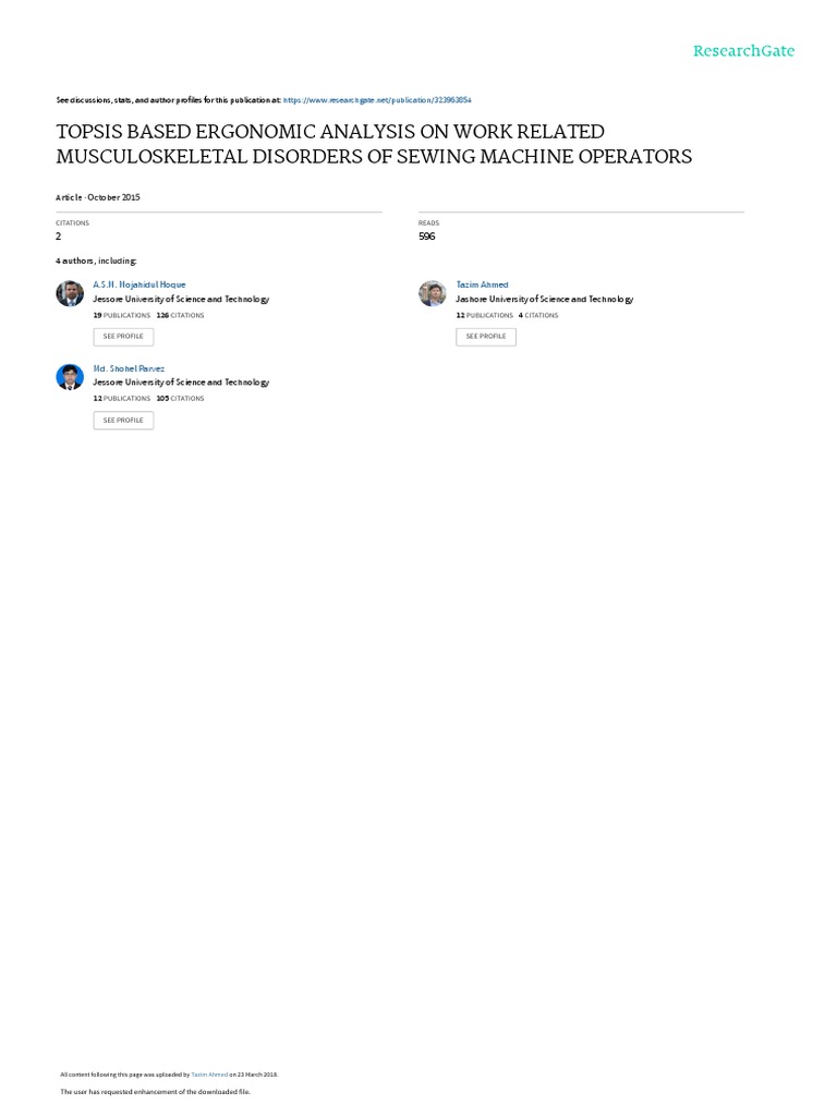 Topsis Based Ergonomic Analysis On Work Related Musculoskeletal