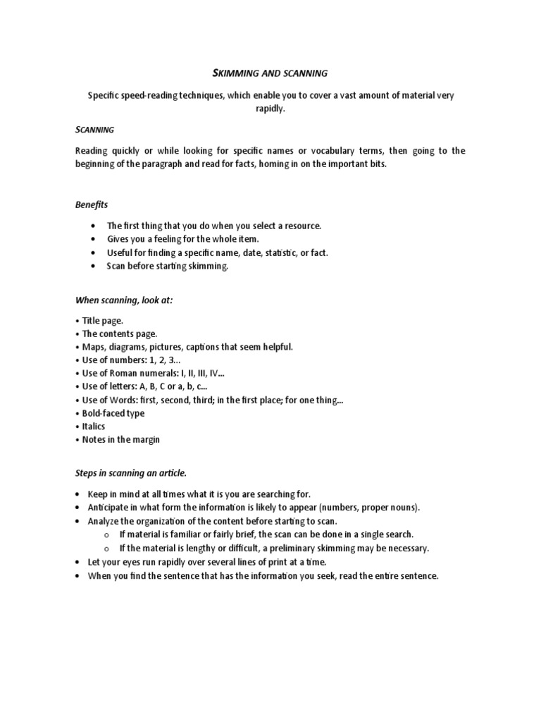 Skimming and Scanning | PDF | Speed Reading | Linguistics