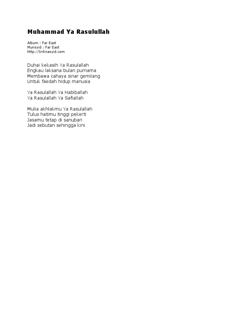 Lirik Nasyid Muhammad Ya Rasulullah | PDF | Seni | Agama & Spiritualitas