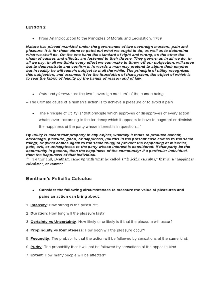 Lesson 2 Bentham's Felicific Calculus PDF Utilitarianism Happiness