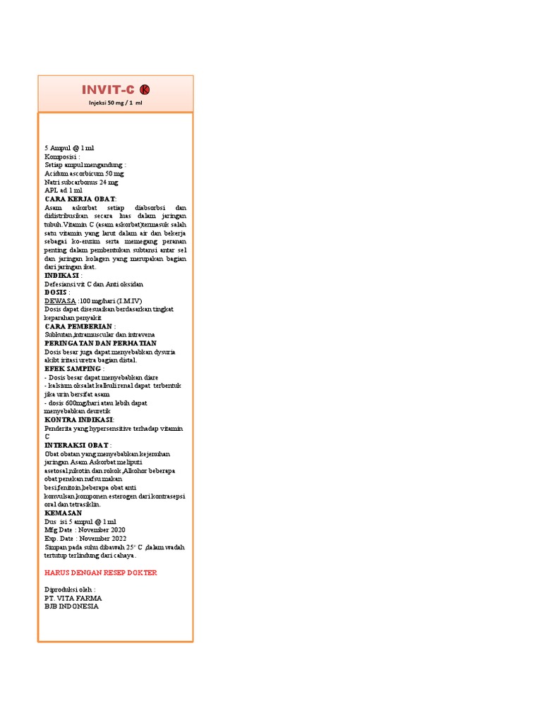 Dosis dan Indikasi Vitamin C Injeksi | PDF