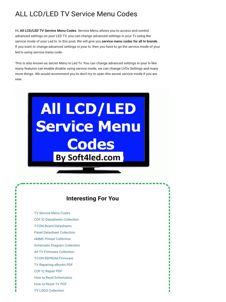 ALL LCD LED TV Service Menu Codes Soft4led PDF Menu