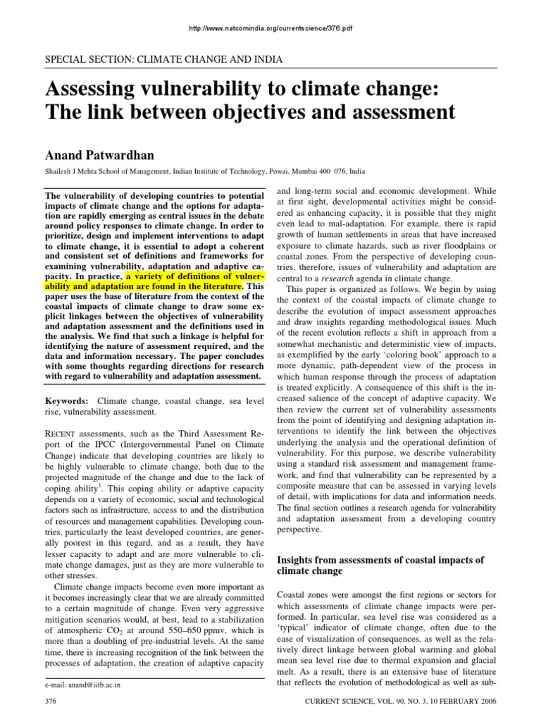 Assessing Vulnerability To Climate Change The Link Between Objectives ...