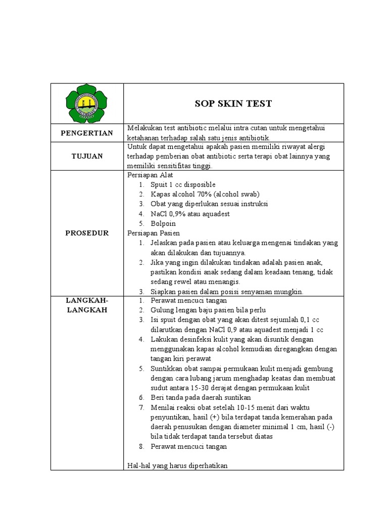 Sop Skin Test | PDF | Kesehatan Holistik