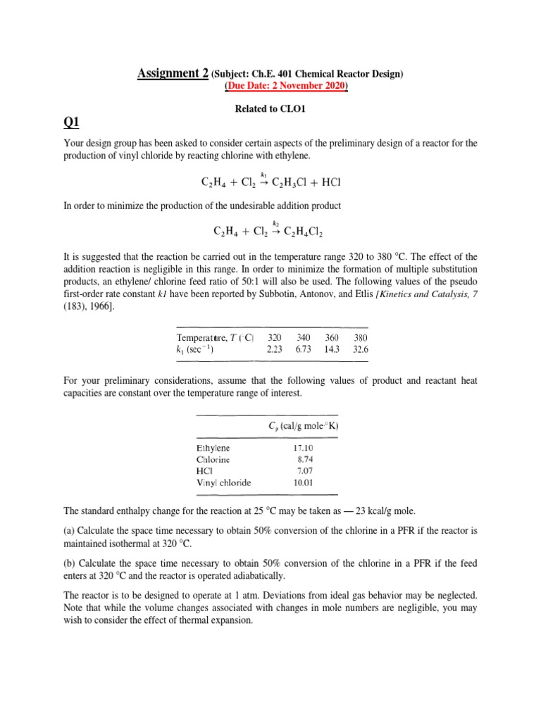 Assignment 2 Subject Ch E 401 Chemical Reactor Design Related To
