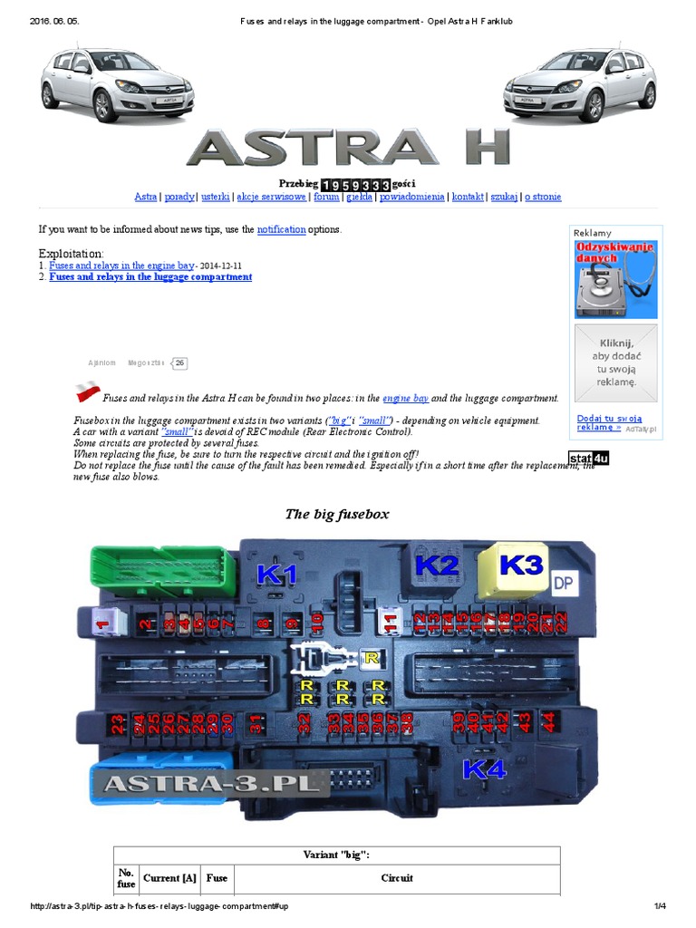 Fuses and Relays in The Luggage Compartment Opel Astra H Fanklub