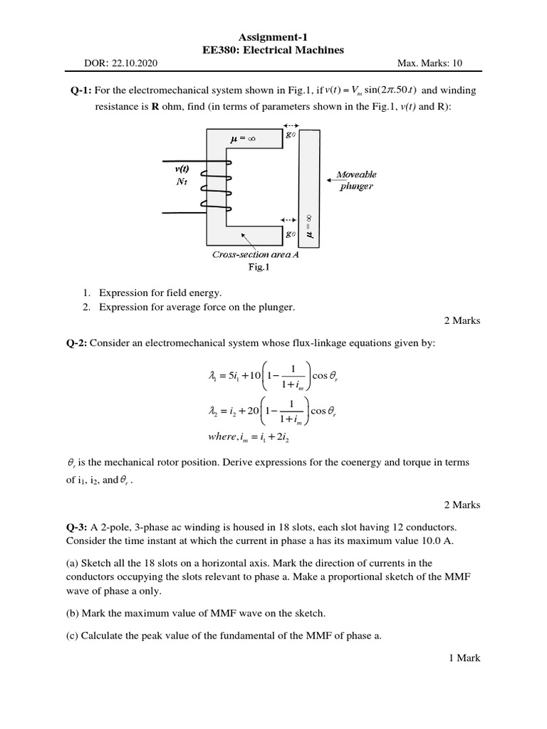 Q-1: For The Electromechanical System Shown in Fig.1, If: Assignment-1 ...