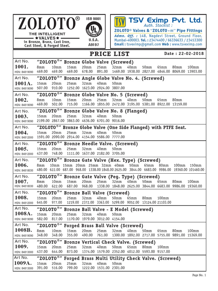 ZOLOTO Price List PDF Valve Pipe (Fluid Conveyance)