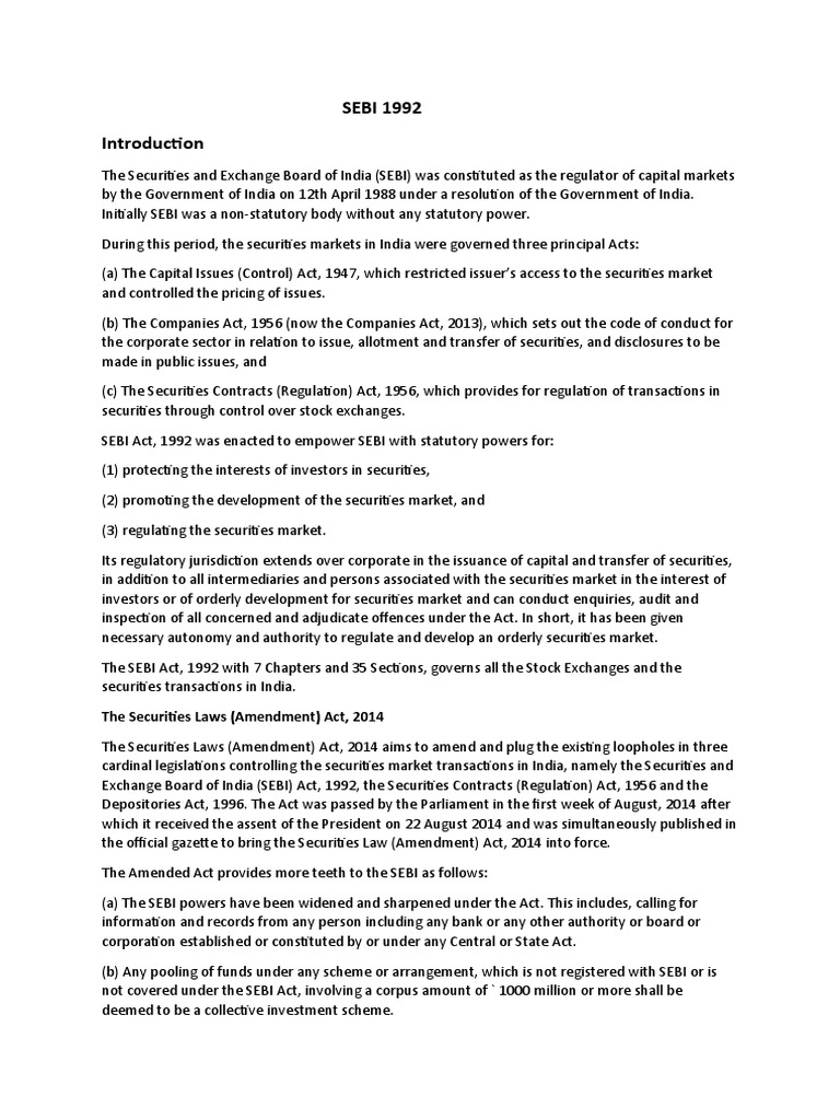 Overview of SEBI Act 1992 and Amendments | PDF | Securities (Finance ...
