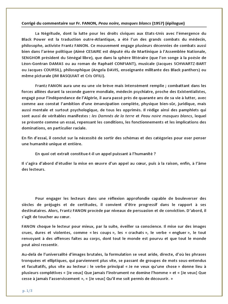 Corrige Du Commentaire Sur Fr Fanon Pdf Frantz Fanon Esclavage