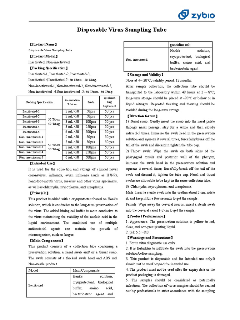 【Zybio】IFU-Disposable Virus Sampling Tube 20200915 | PDF | Influenza ...