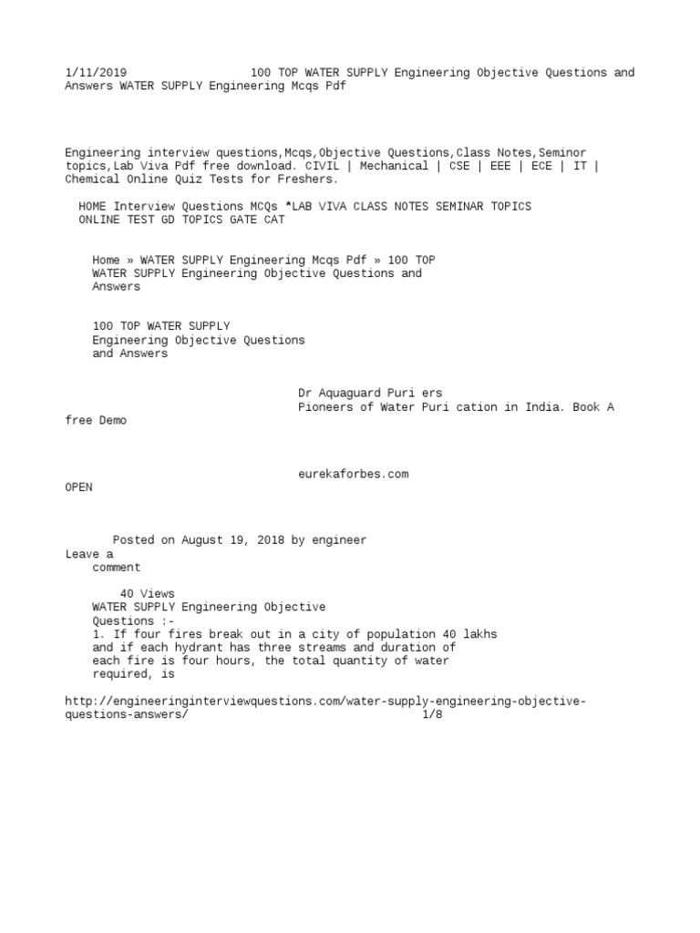 100 TOP WATER SUPPLY Engineering Objective Questions and Answers WATER