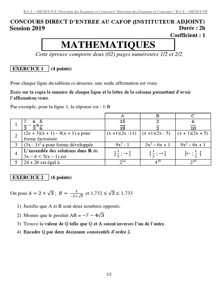Brevet 2019 Maths Sujet Et Corrigé Pdf Sujet Corrige Maths CAFOP-IA-2019 PDF | PDF | Le volume | Enseignement des  mathématiques