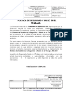 SST-PLT-001 Política de Seguridad y Salud en El Trabajo