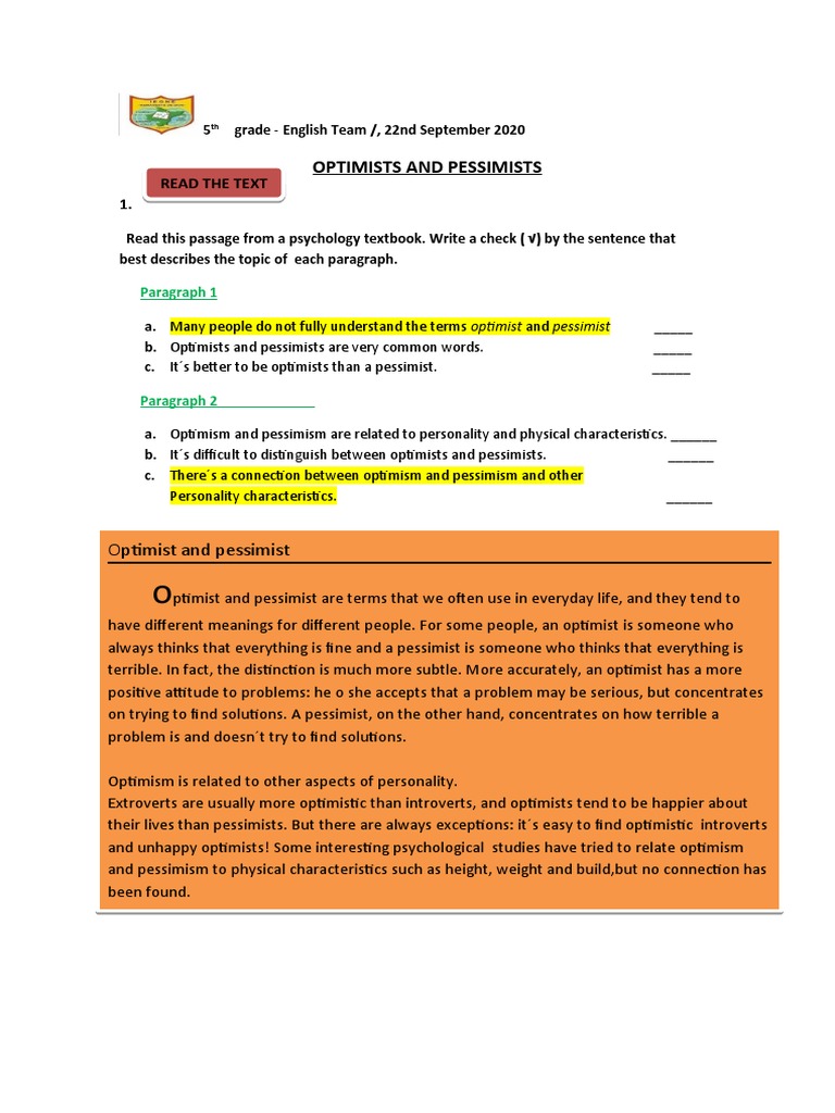 Optimists and Pessimists-5th GR | PDF | Optimism | Pessimism